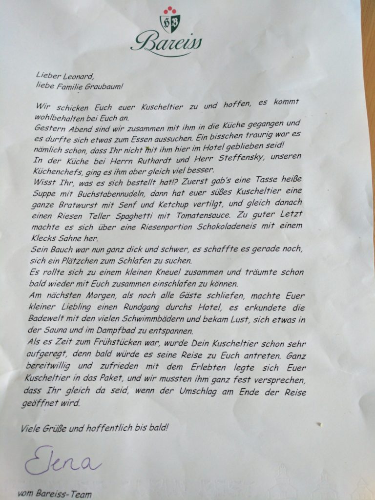 Brief verlorenes Stofftier / Bareiss