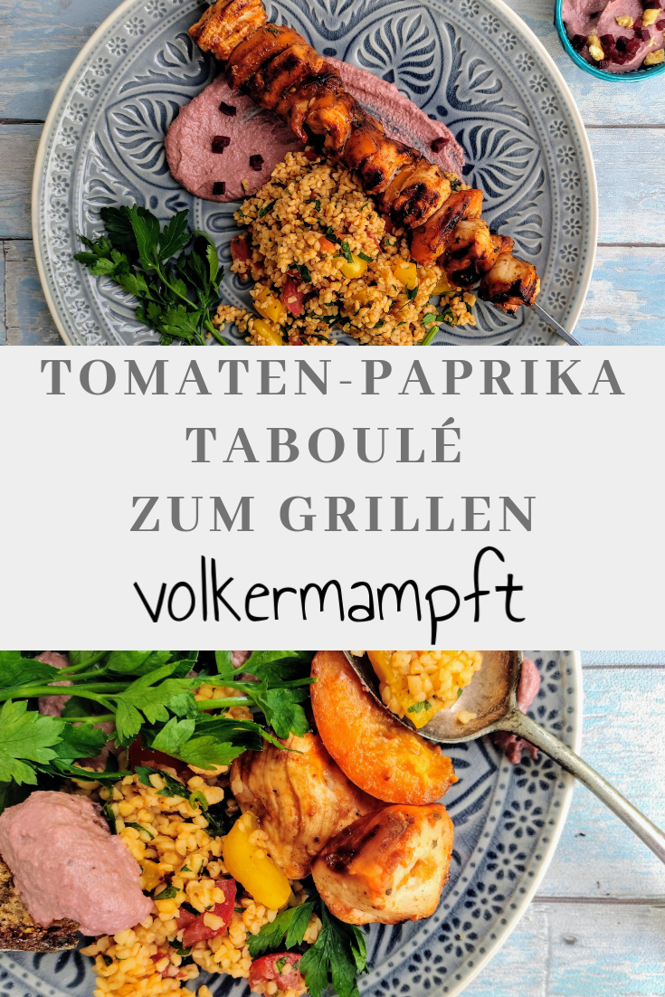 Hähnchen-Aprikosen-Spieß vom Grill mit Tomaten-Paprika Taboulé