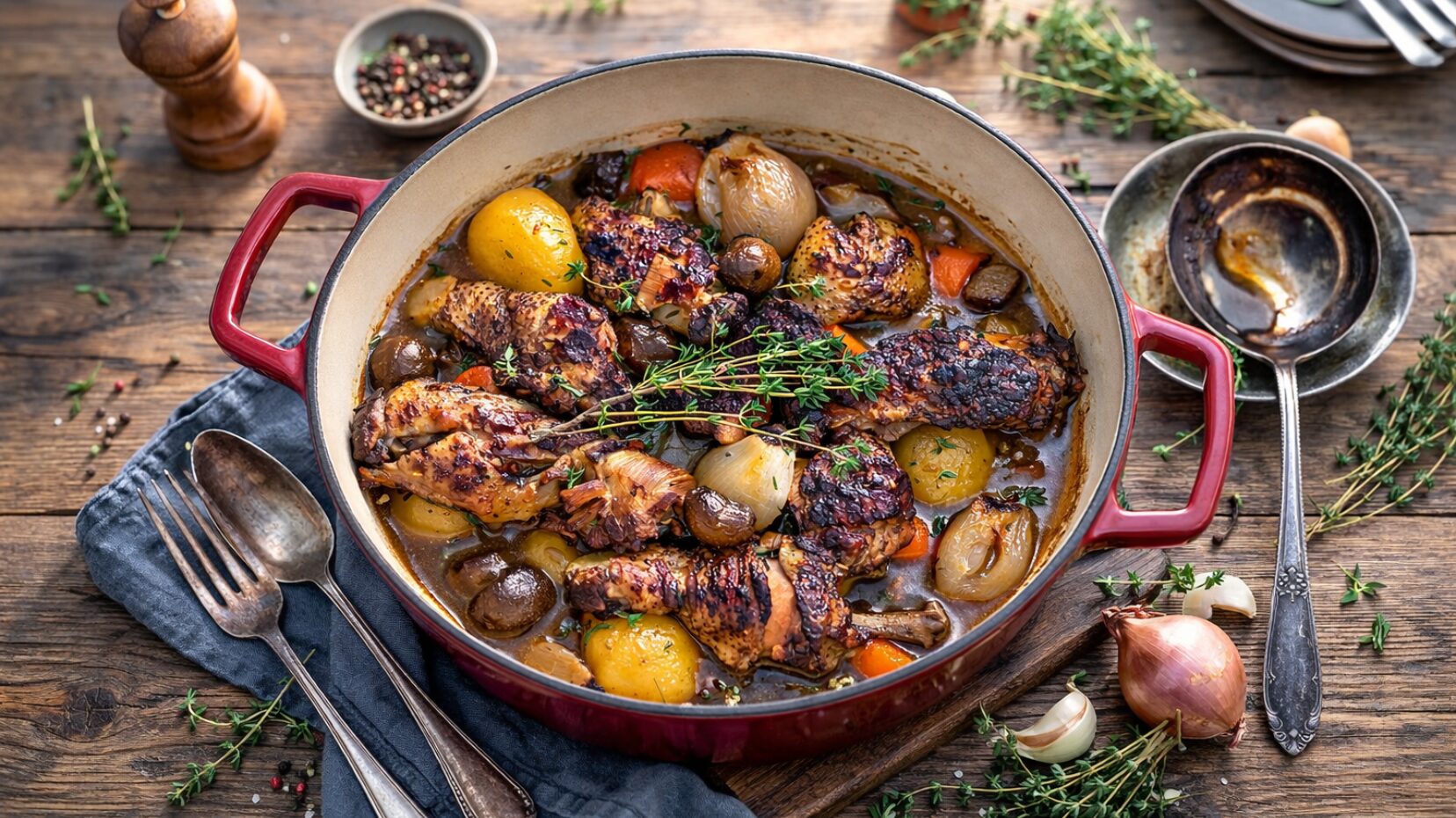 Coq au Vin – Französisches Rezept für Hähnchen in Rotwein
